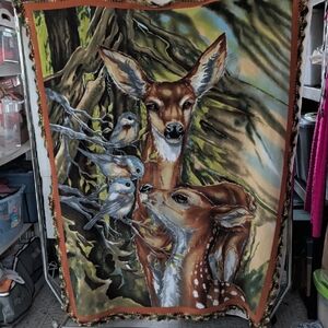 Wildlife Scene Fleece Embroidered Edge Throw Deer & Birds Nature Cozy
